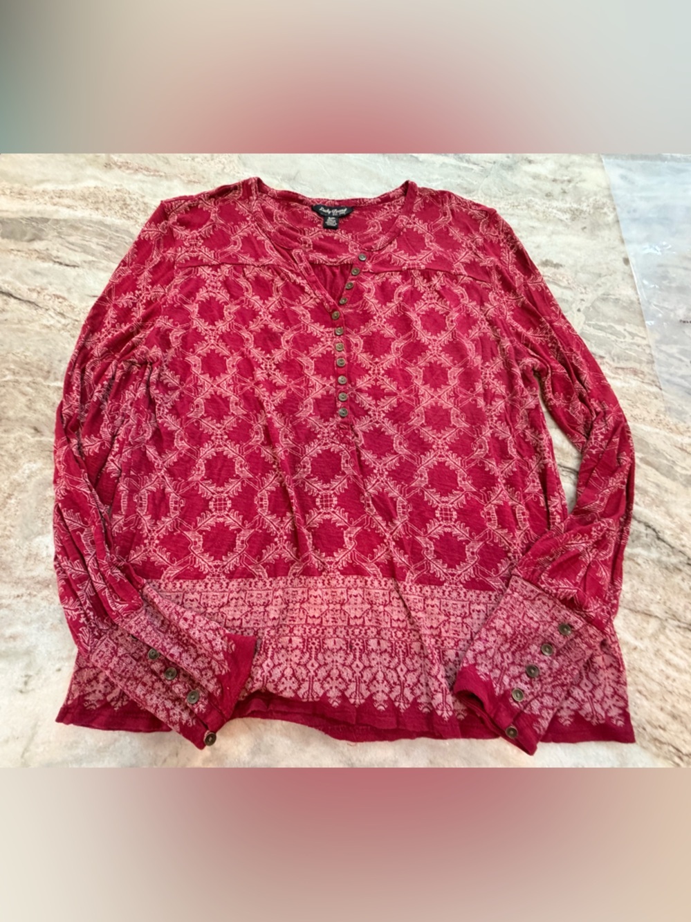 Lucky Brand Boho Top Small Red Print Long Sleeve Button Detail Blouse
